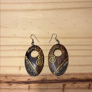 Gold and Brown Artistic Wood Earrings